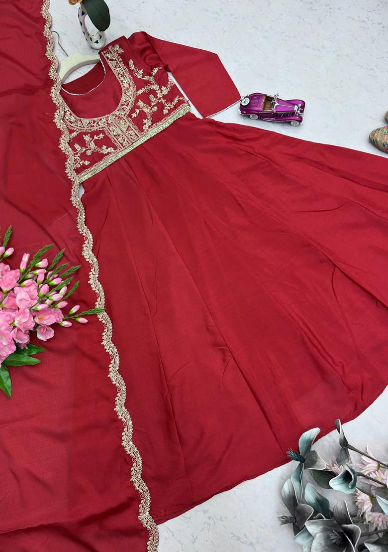 Red Embroidered Silk Gown - Indya