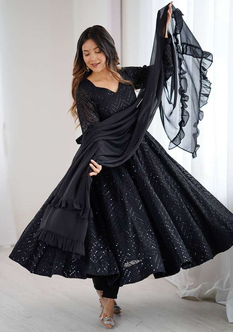 Black Sequins Georgette Anarkali Set - Indya