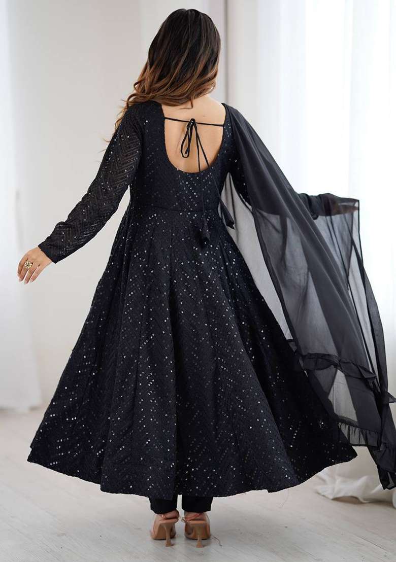 Black Sequins Georgette Anarkali Set - Indya