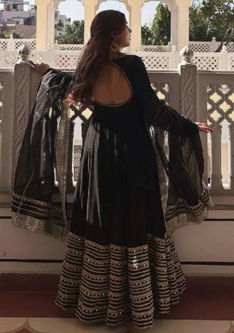 Black Embroidered Rayon Anarkali Set - Indya