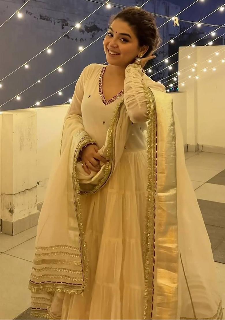 Off-White Sequins Silk Anarkali Set - Indya