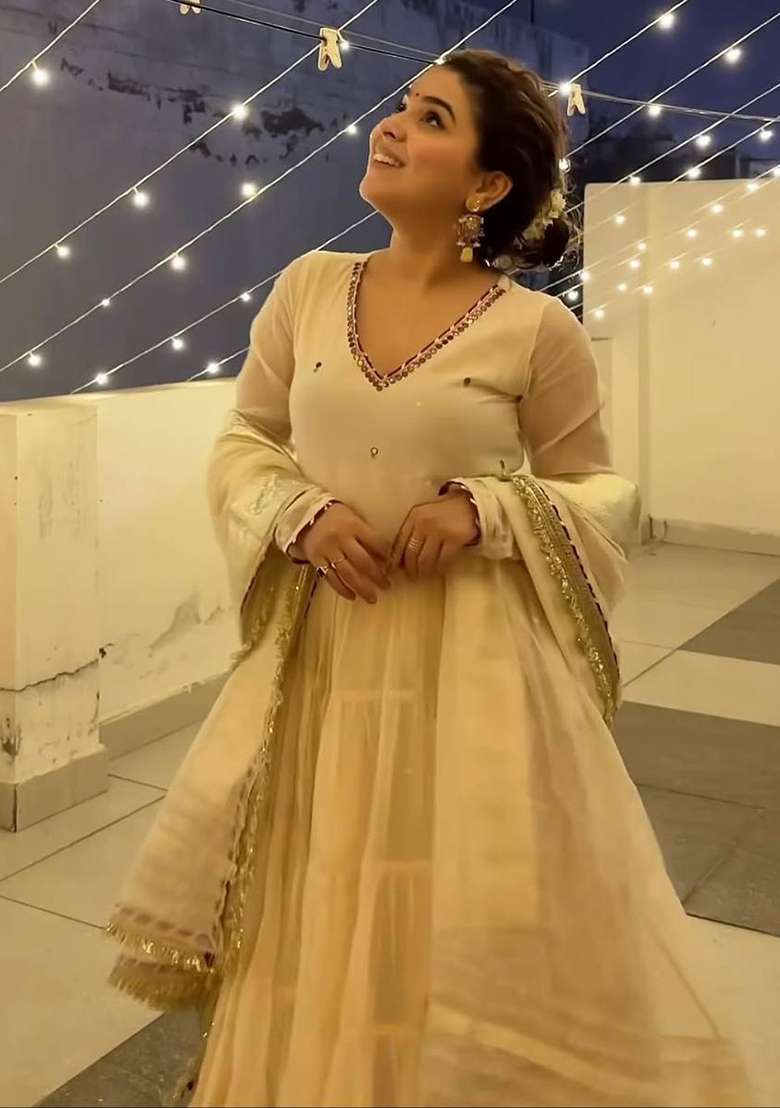Off-White Sequins Silk Anarkali Set - Indya