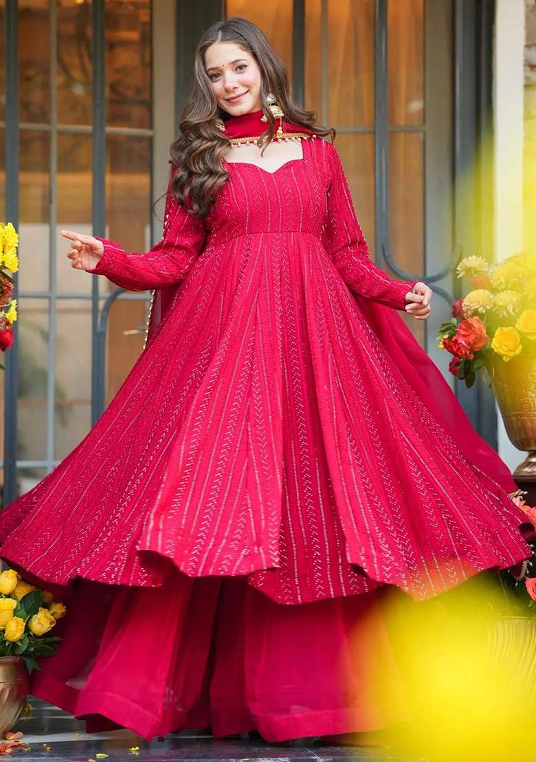 Pink Embroidered Faux Blooming Anarkali Set - Indya