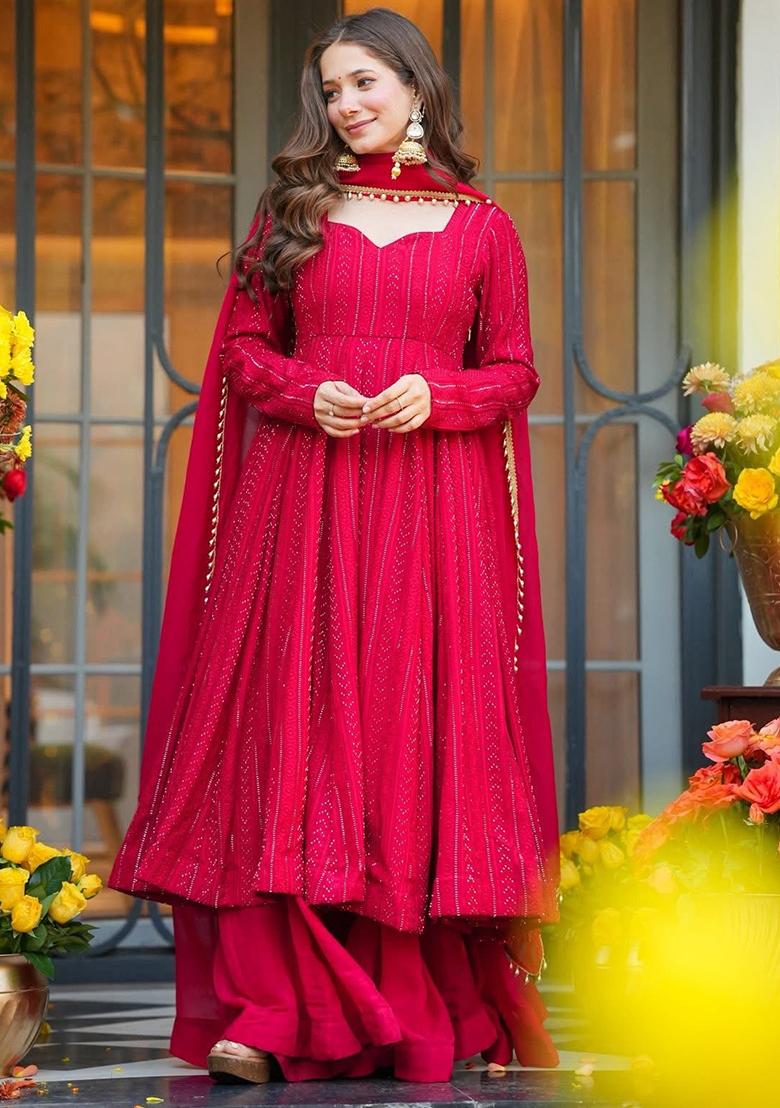 Pink Embroidered Faux Blooming Anarkali Set - Indya