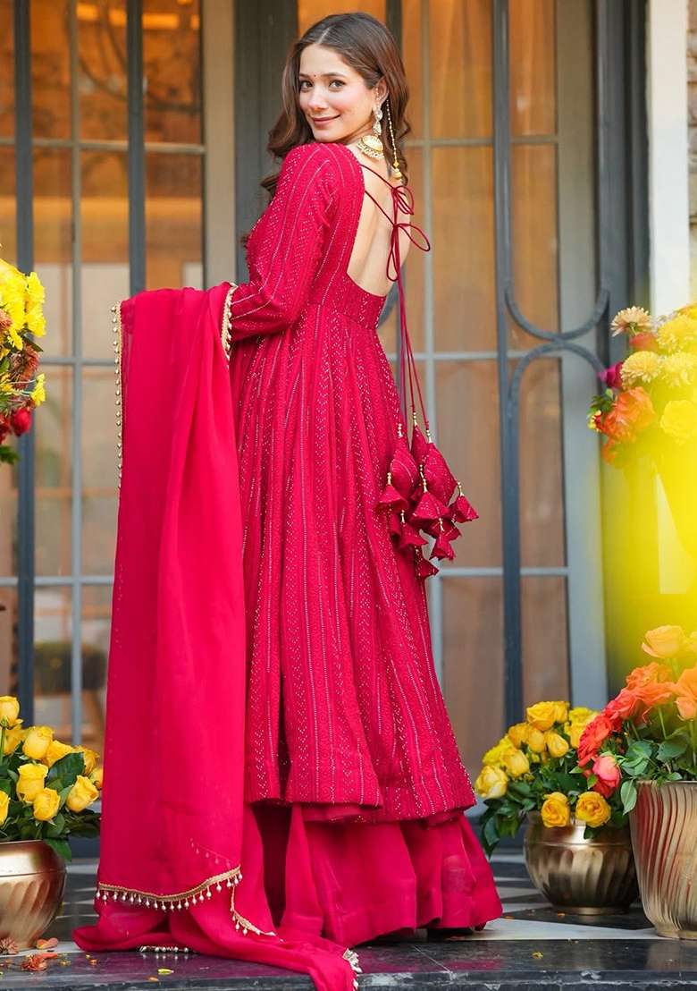 Pink Embroidered Faux Blooming Anarkali Set - Indya