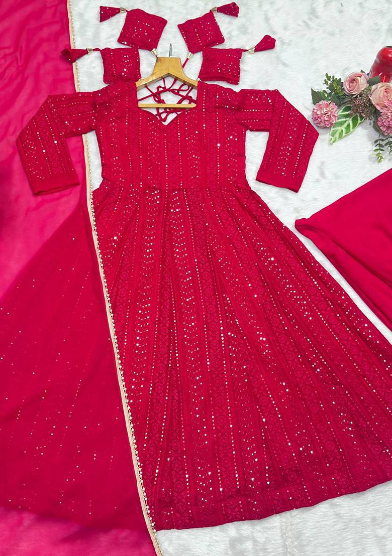 Pink Embroidered Faux Blooming Anarkali Set - Indya