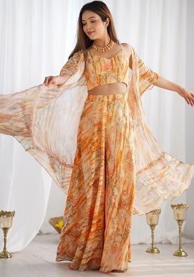 Peach Orange Printed Faux Blooming Indo Western Shrug Set