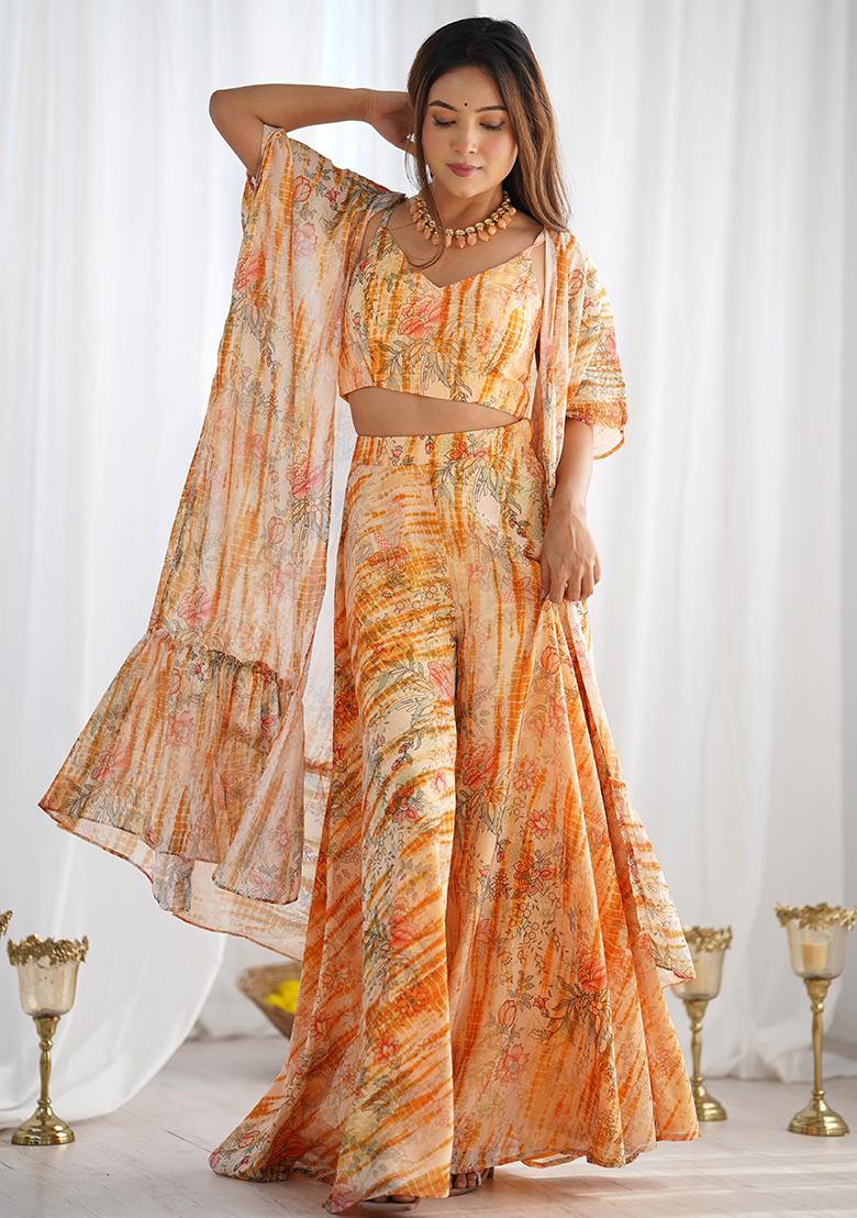 Peach Orange Printed Faux Blooming Indo Western Shrug Set - Indya