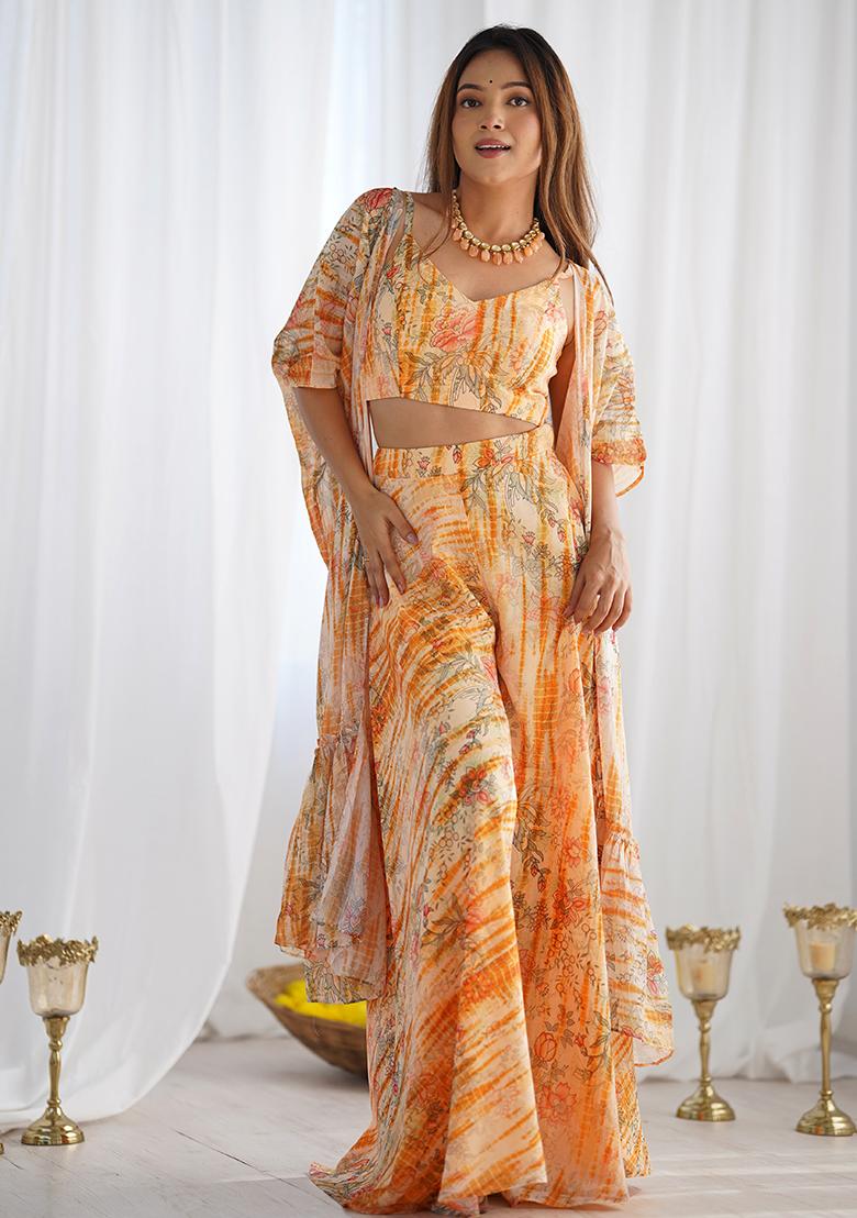 Peach Orange Printed Faux Blooming Indo Western Shrug Set - Indya