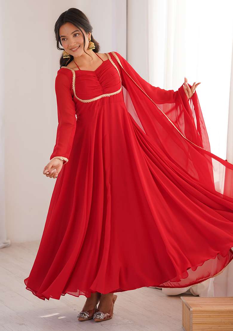 Red Plain Faux Blooming Anarkali Gown With Dupatta - Indya
