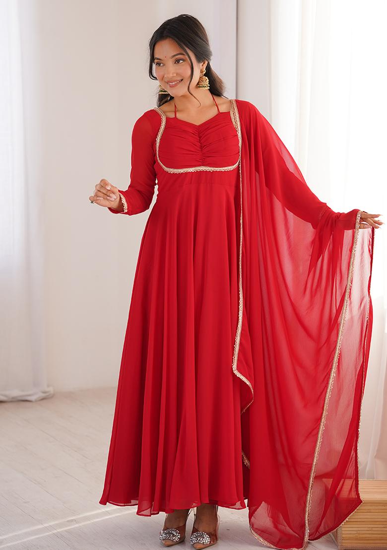 Red Plain Faux Blooming Anarkali Gown With Dupatta - Indya