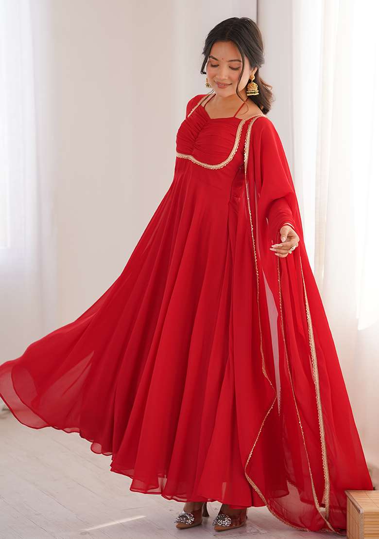 Red Plain Faux Blooming Anarkali Gown With Dupatta - Indya