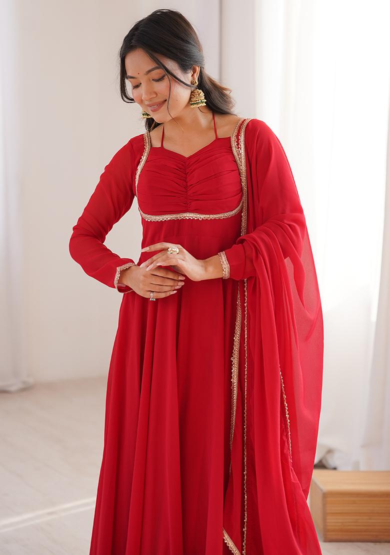 Red Plain Faux Blooming Anarkali Gown With Dupatta - Indya