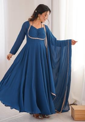 Blue Plain Faux Blooming Anarkali Gown With Dupatta
