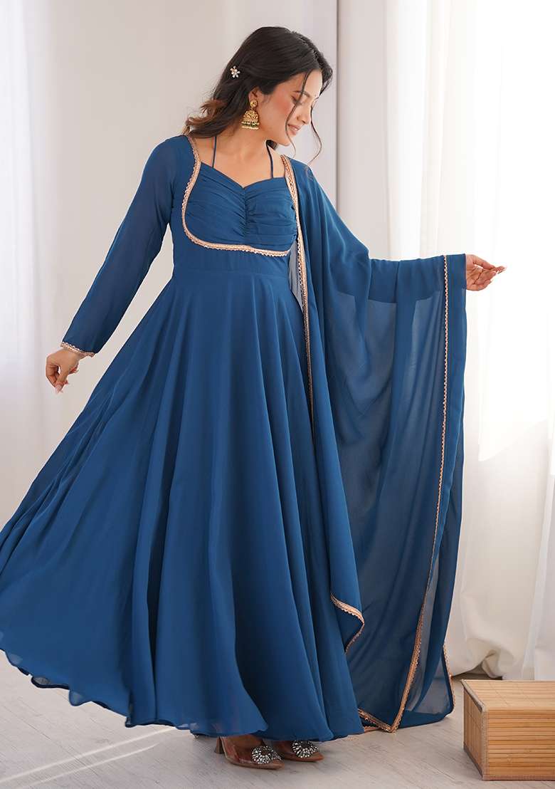 Blue Plain Faux Blooming Anarkali Gown With Dupatta - Indya