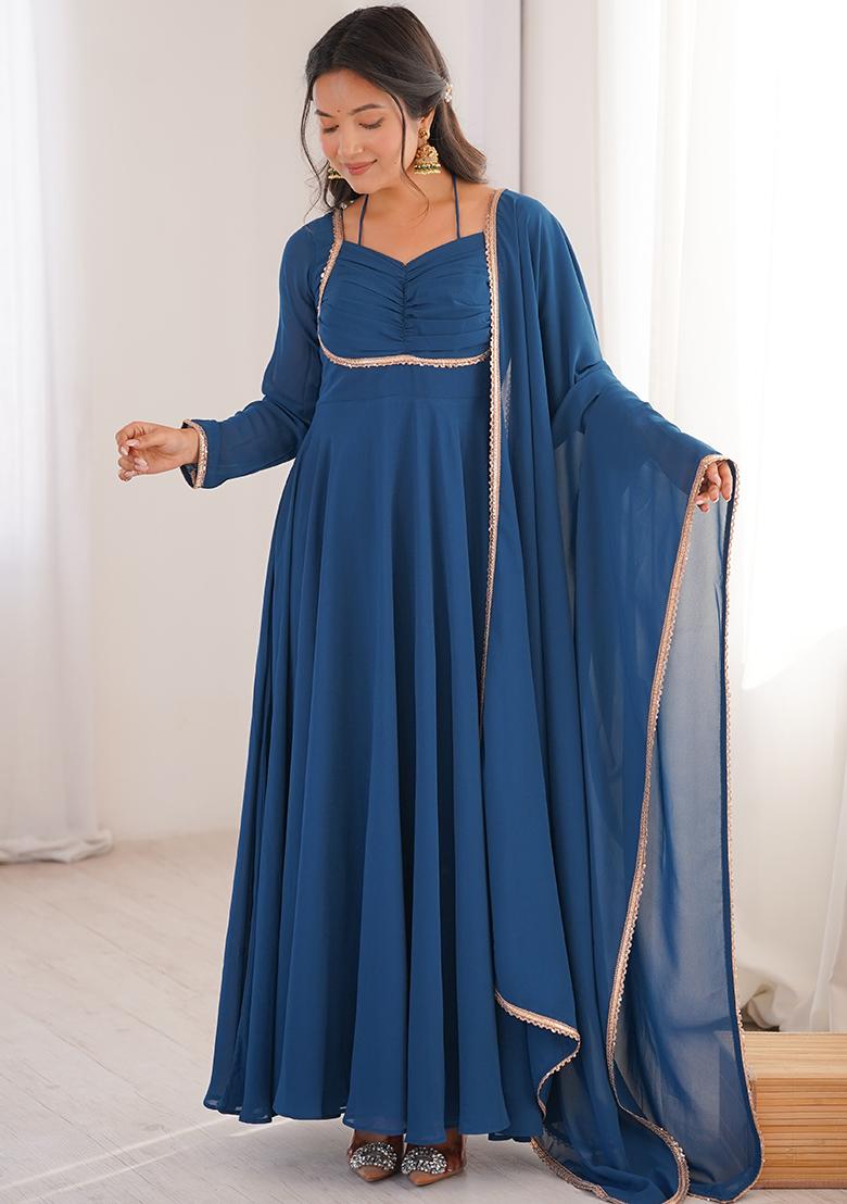 Blue Plain Faux Blooming Anarkali Gown With Dupatta - Indya