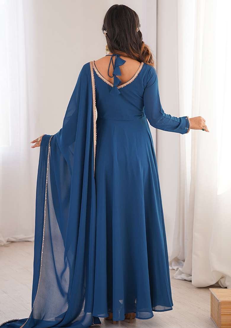 Blue Plain Faux Blooming Anarkali Gown With Dupatta - Indya