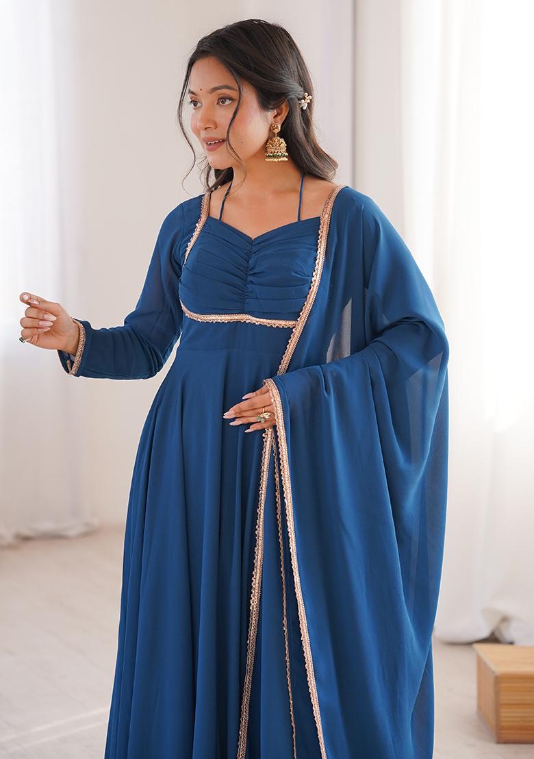 Blue Plain Faux Blooming Anarkali Gown With Dupatta - Indya