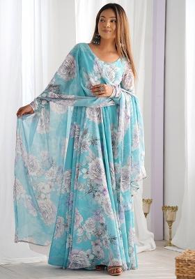 Aqua Blue Printed Georgette Anarkali Gown With Dupatta