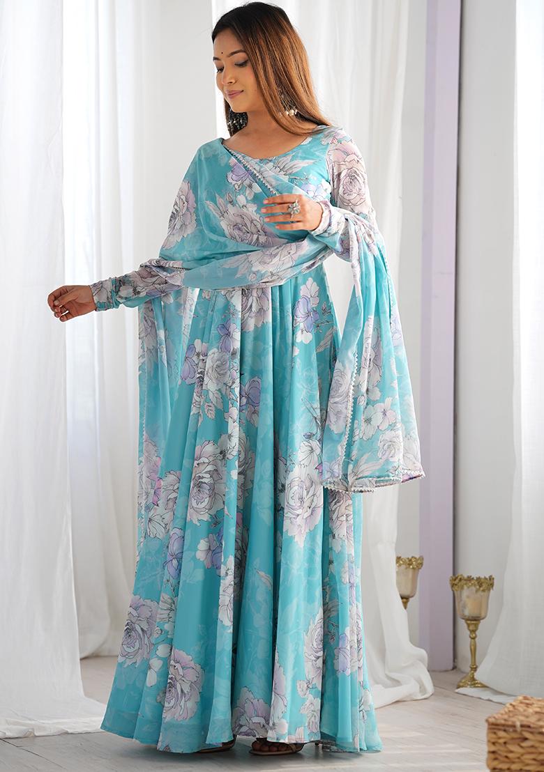 Aqua Blue Printed Georgette Anarkali Gown With Dupatta - Indya