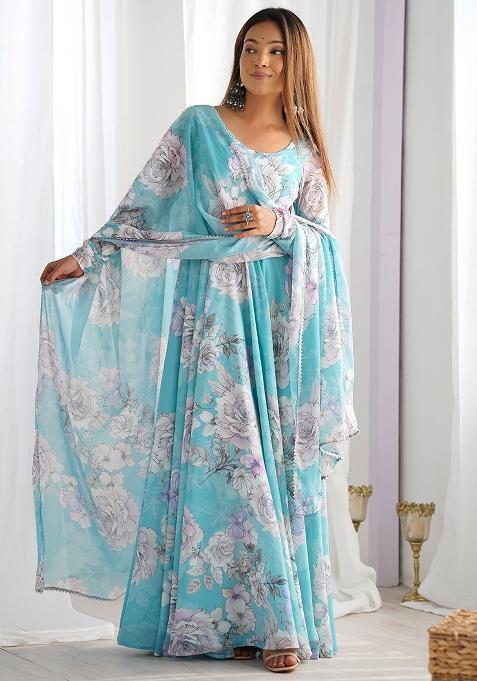 Aqua Blue Printed Georgette Anarkali Gown With Dupatta