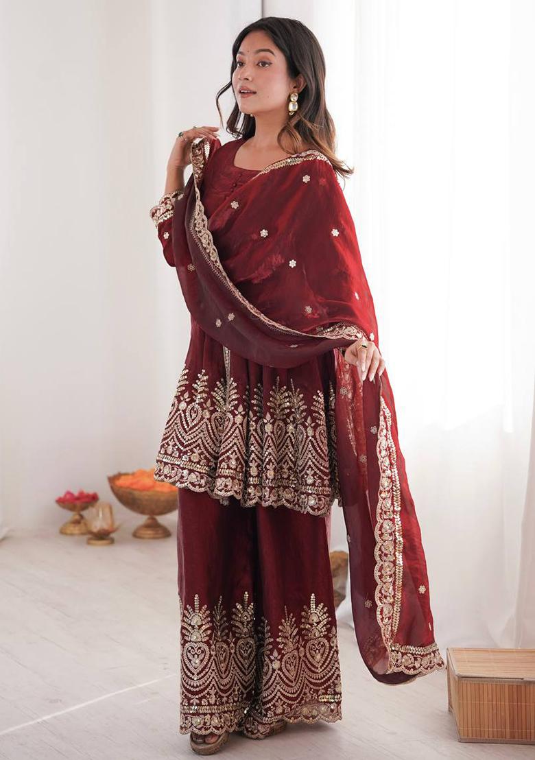 Maroon Embroidered Silk Kurta Set - Indya