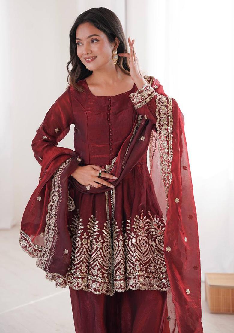Maroon Embroidered Silk Kurta Set - Indya