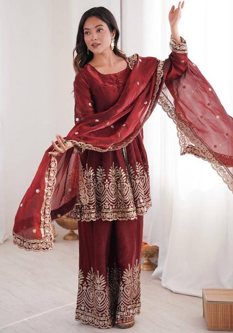 Maroon Embroidered Silk Kurta Set