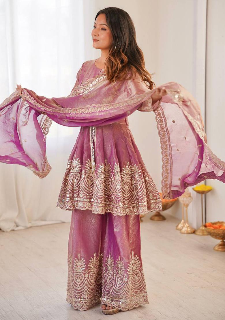 Pink Embroidered Silk Kurta Set - Indya