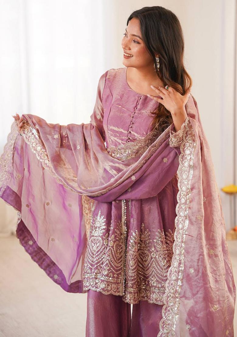 Pink Embroidered Silk Kurta Set - Indya