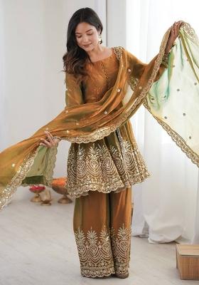 Olive Green Embroidered Silk Kurta Set