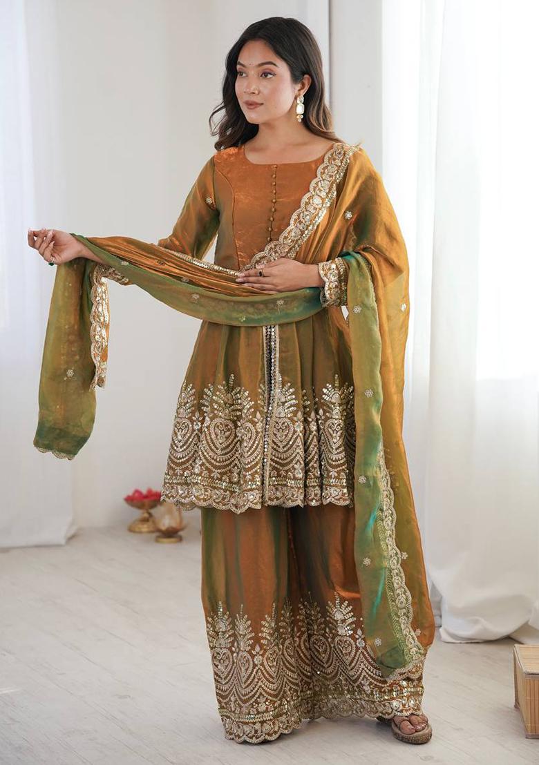 Olive Green Embroidered Silk Kurta Set - Indya