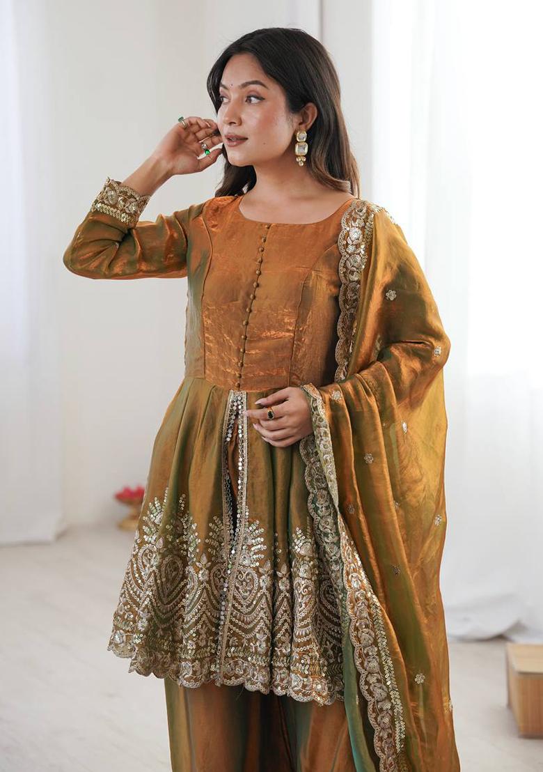 Olive Green Embroidered Silk Kurta Set - Indya