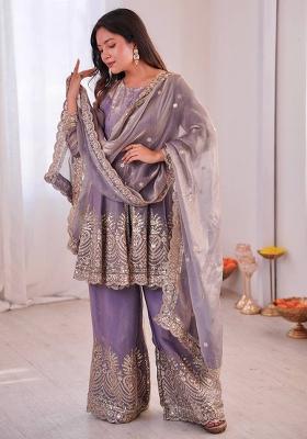 Lavender Embroidered Silk Kurta Set