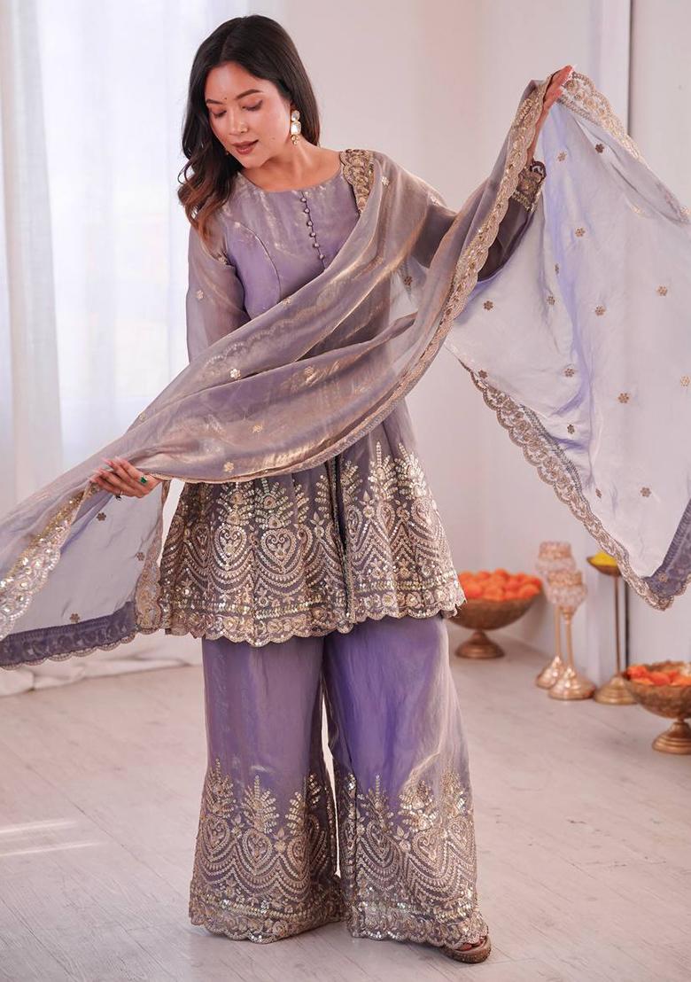 Lavender Embroidered Silk Kurta Set - Indya