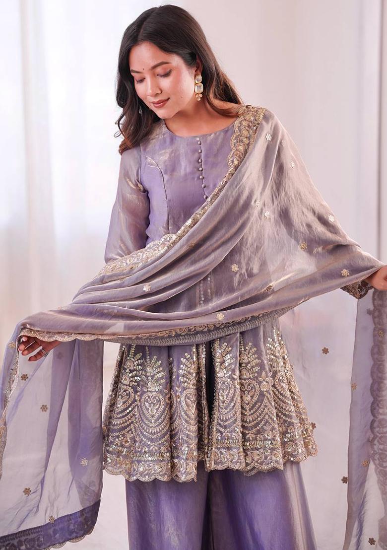 Lavender Embroidered Silk Kurta Set - Indya