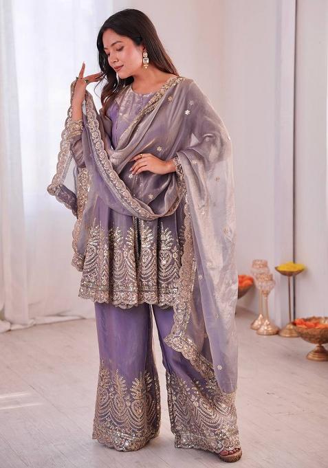 Lavender Embroidered Silk Kurta Set