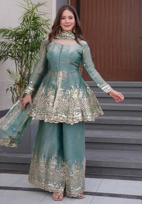 Sky Blue Embroidered Silk Kurta Set