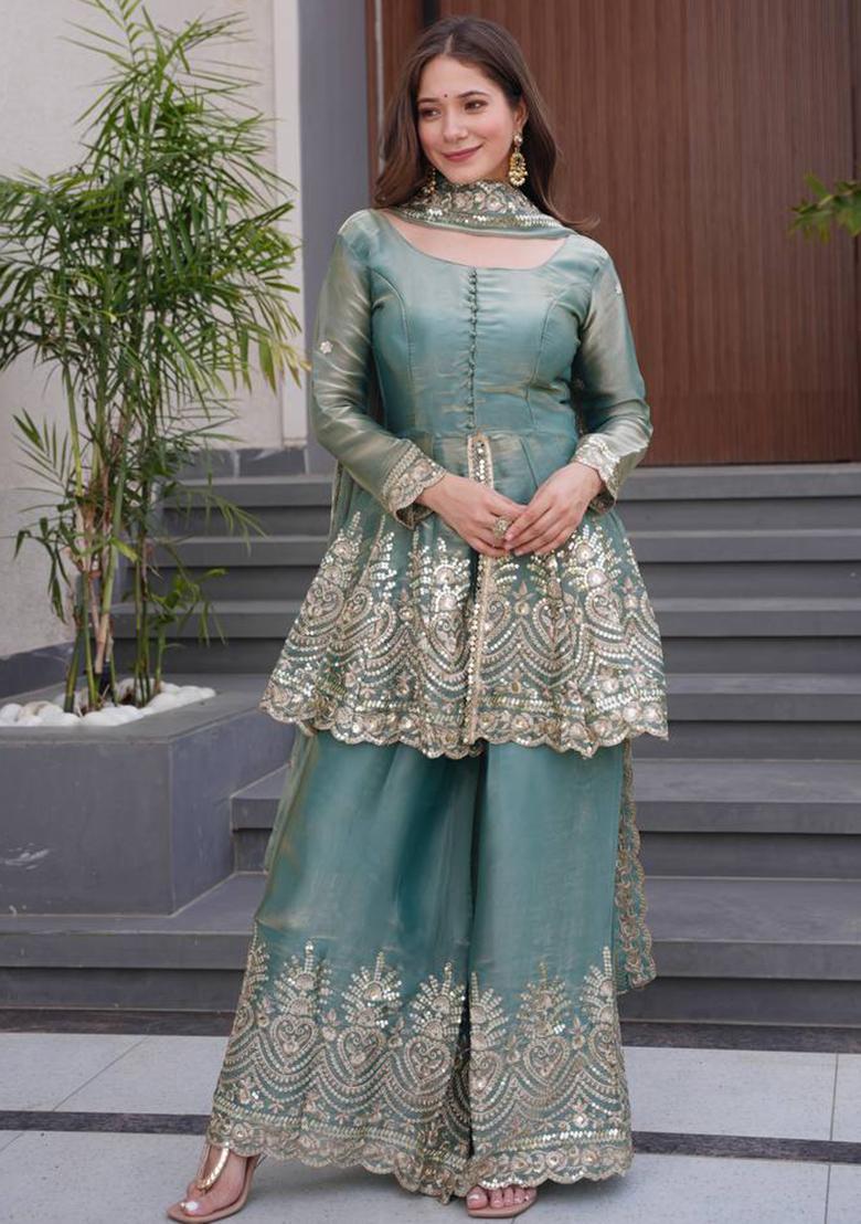 Sky Blue Embroidered Silk Kurta Set - Indya