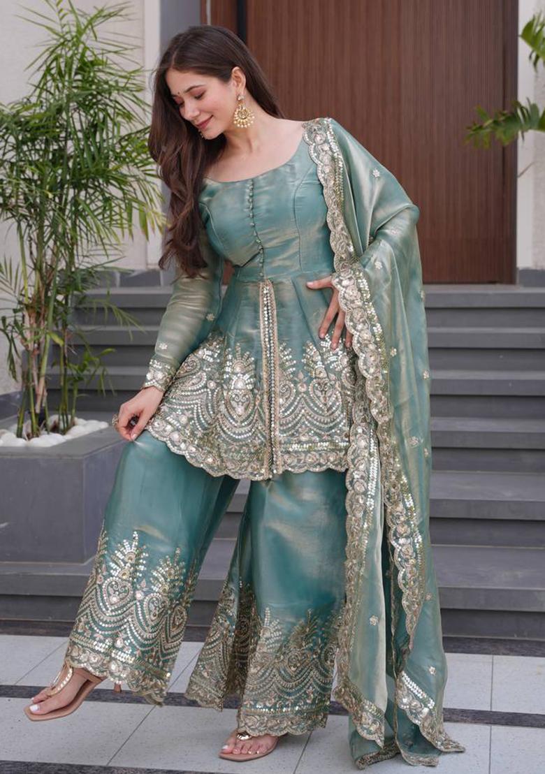 Sky Blue Embroidered Silk Kurta Set - Indya