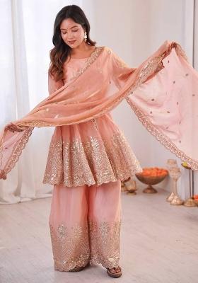 Pastel Peach Embroidered Silk Kurta Set