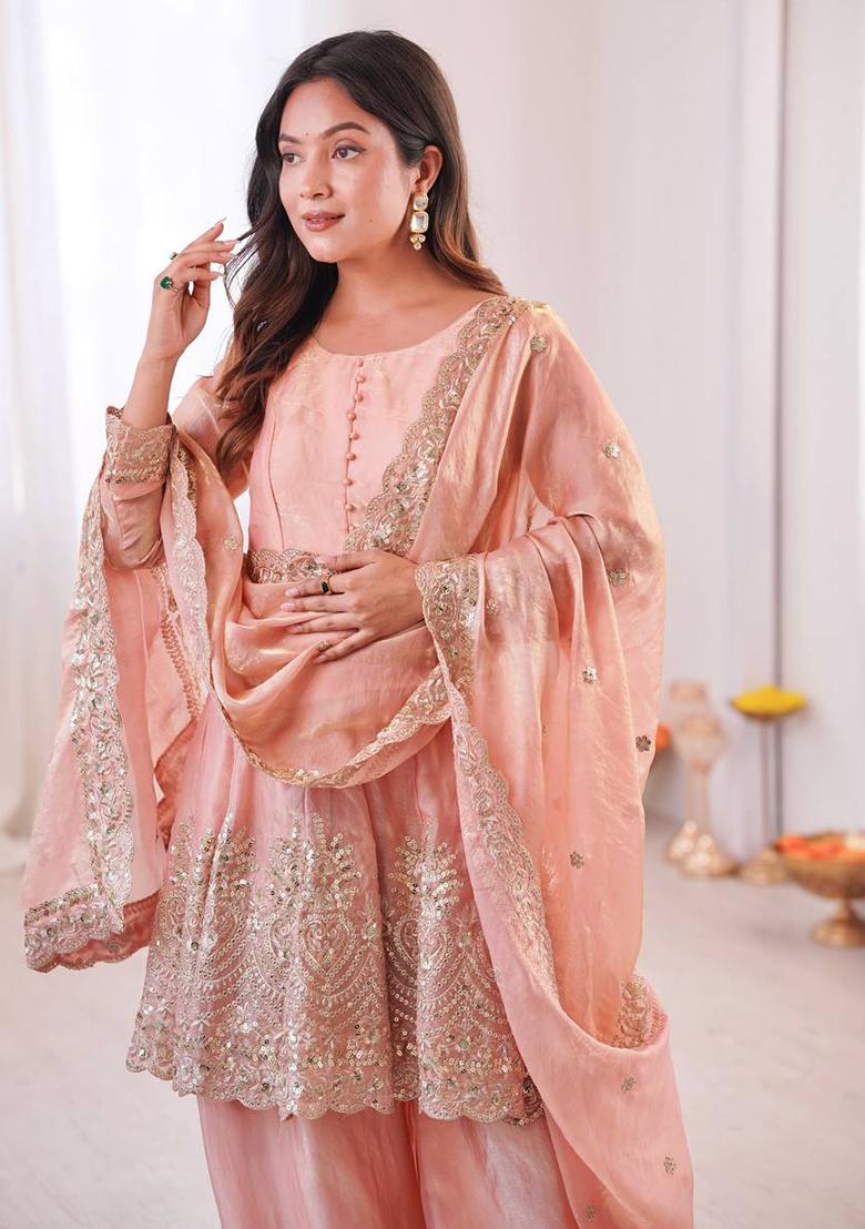 Pastel Peach Embroidered Silk Kurta Set - Indya