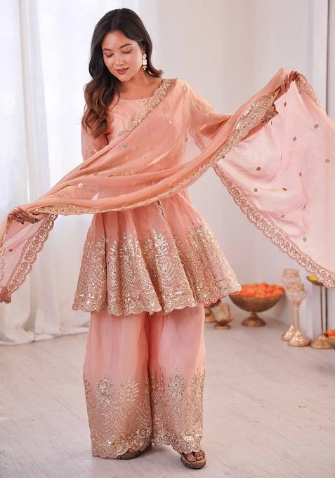 Pastel Peach Embroidered Silk Kurta Set