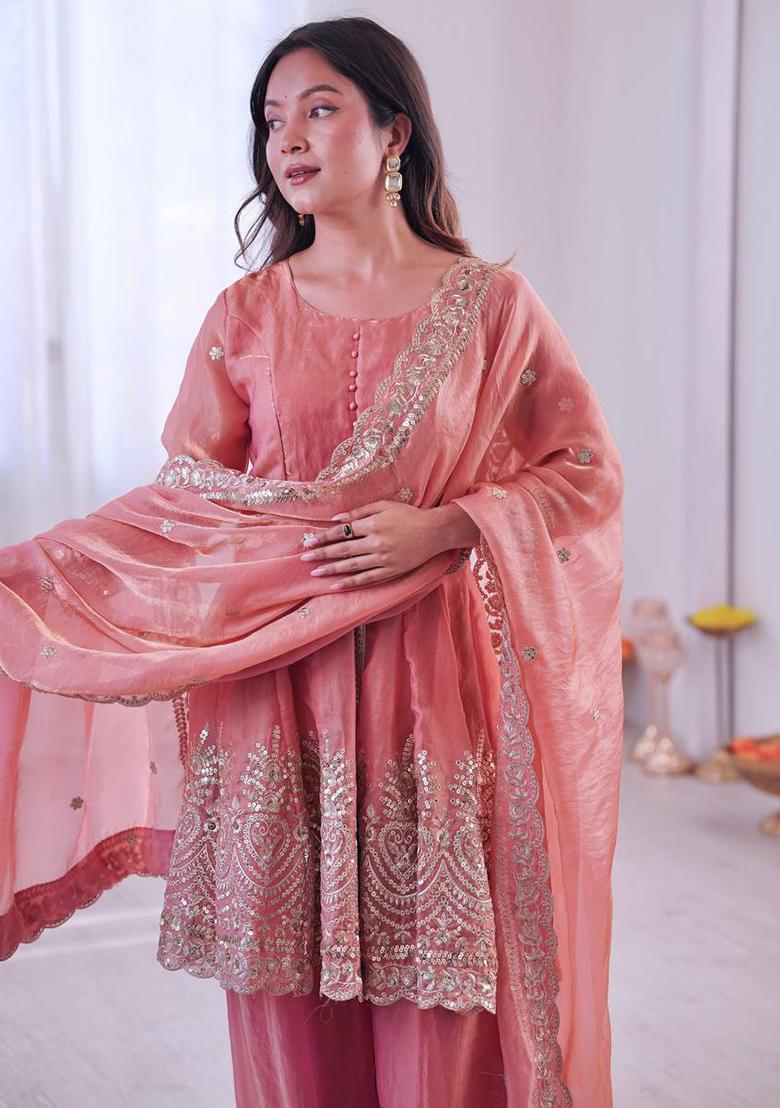 Blush Pink Embroidered Silk Kurta Set - Indya