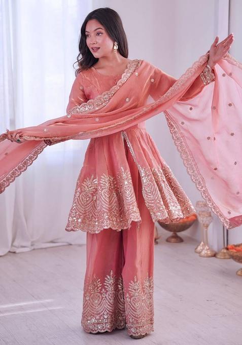 Blush Pink Embroidered Silk Kurta Set