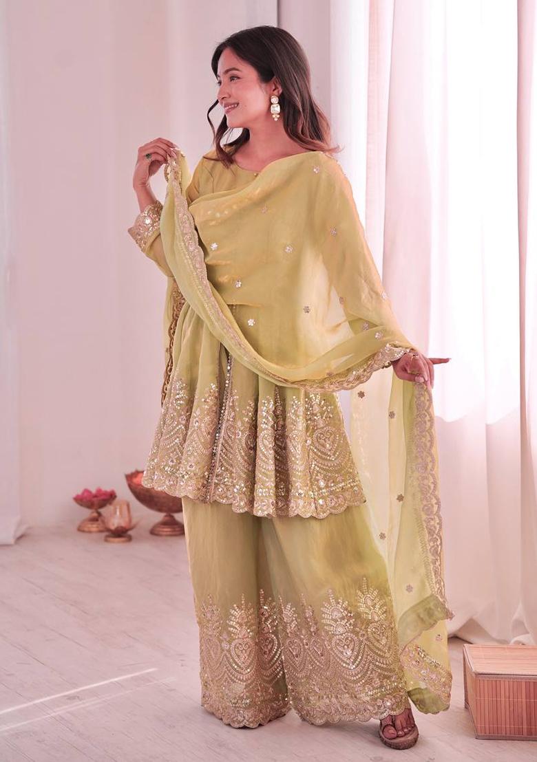 Pistachio Green Embroidered Silk Kurta Set - Indya