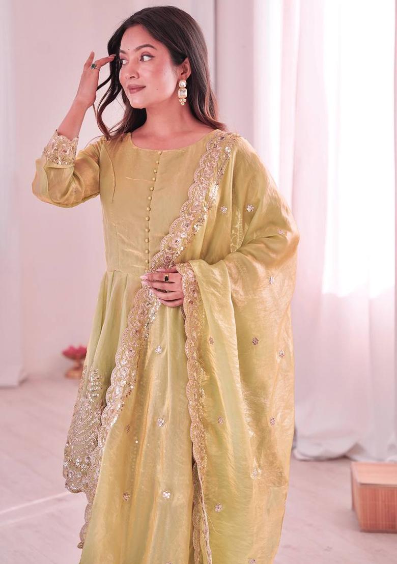 Pistachio Green Embroidered Silk Kurta Set - Indya