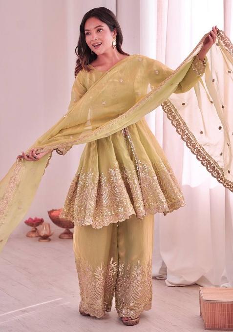 Pistachio Green Embroidered Silk Kurta Set