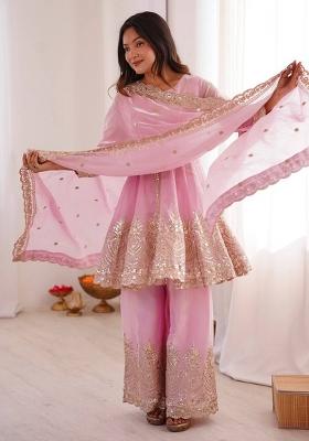 Baby Pink Embroidered Silk Kurta Set
