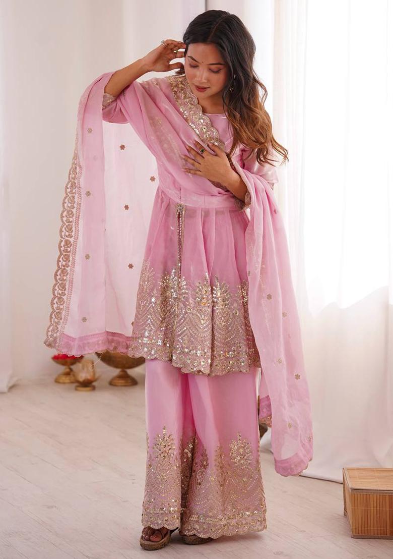 Baby Pink Embroidered Silk Kurta Set - Indya